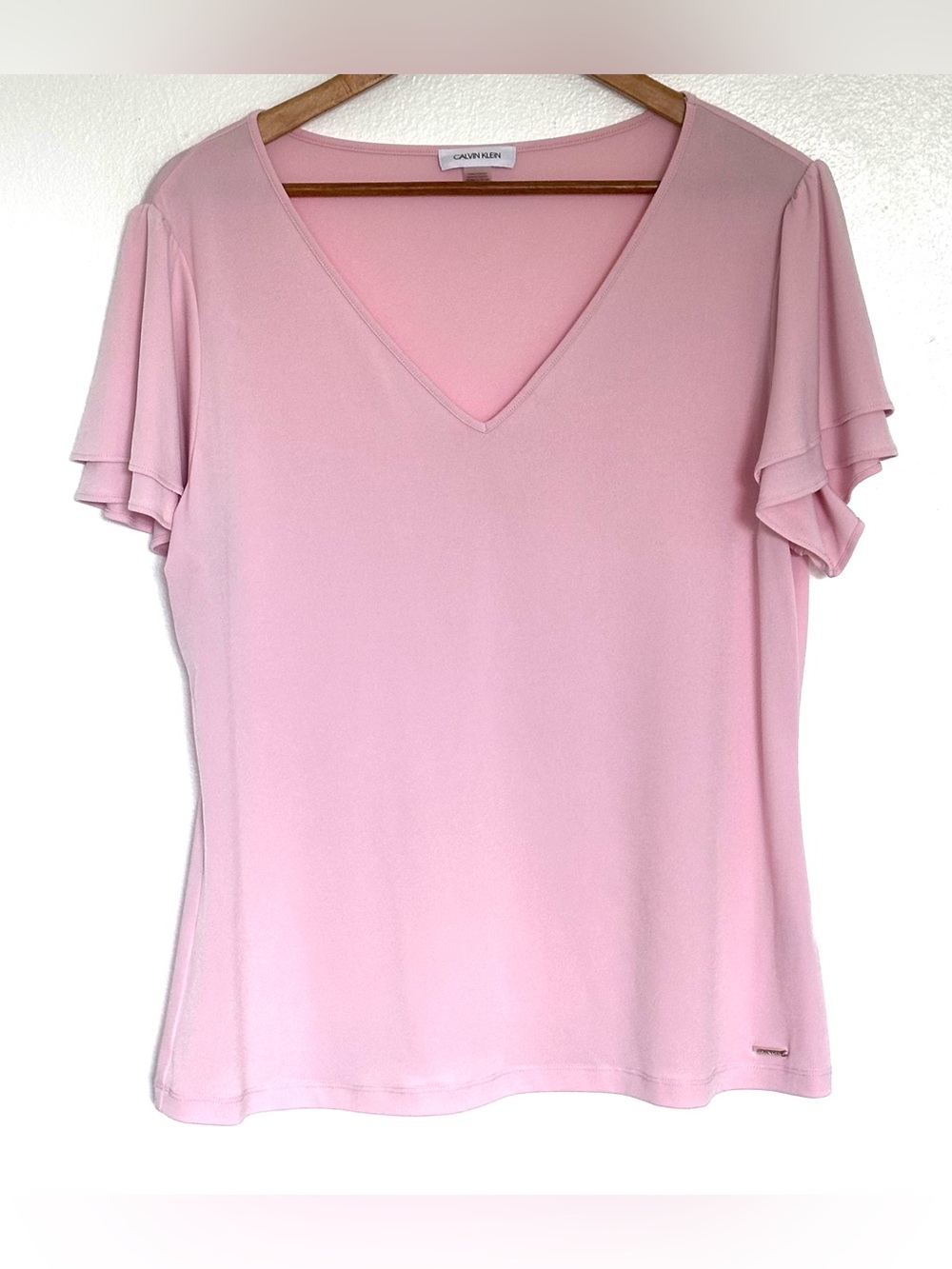 Calvin Klein Shirt Women’s XL Pink V Neck Flutter Sleeve Lightweight Blouse Top